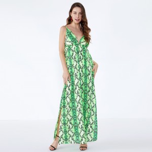 Nejnovější vzory Ženy Office Green Leopard Tisk Tlačítko Casual Dress